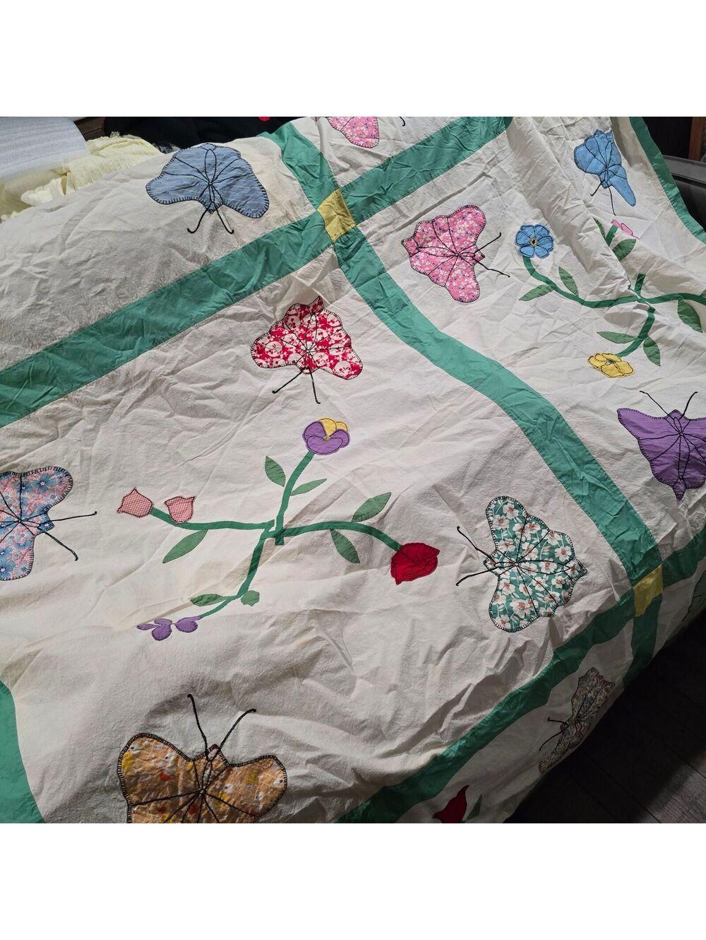 q108 Handmade Quilted Butterfly and Flower Pattern Quilt top 1930s?